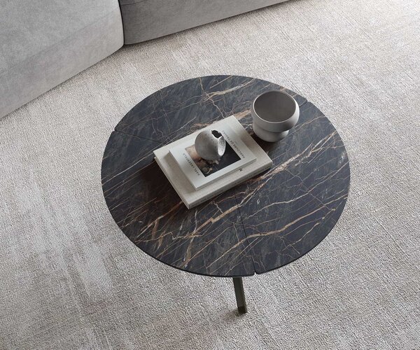 DELIFE Konferenční stolek Delron 70x70 cm keramika Laminam®Noir Desir hnědá křížová podnož plochá kov titanový efektový povrch
