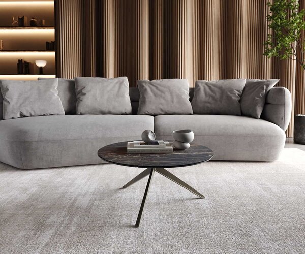 DELIFE Konferenční stolek Delron 70x70 cm keramika Laminam®Noir Desir hnědá křížová podnož plochá kov titanový efektový povrch