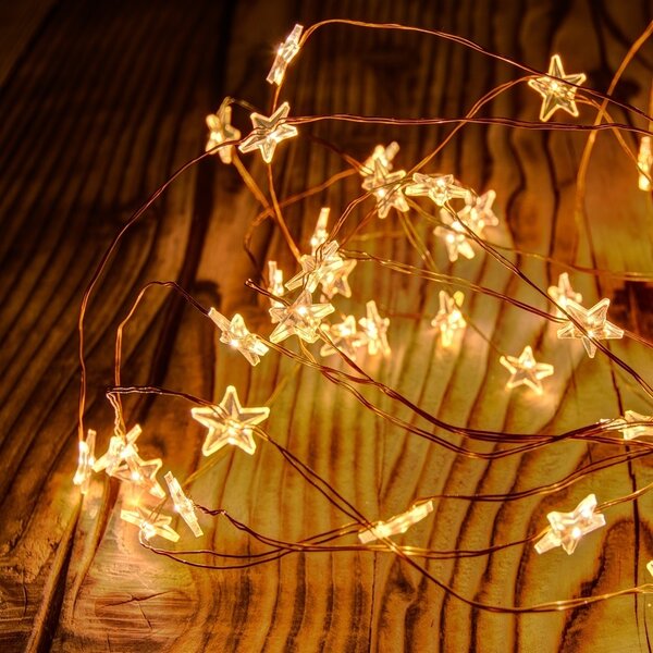 DECOLED LED světelný řetěz na baterie hvězdičky, teple bílá, 40 diod, 3,4 m