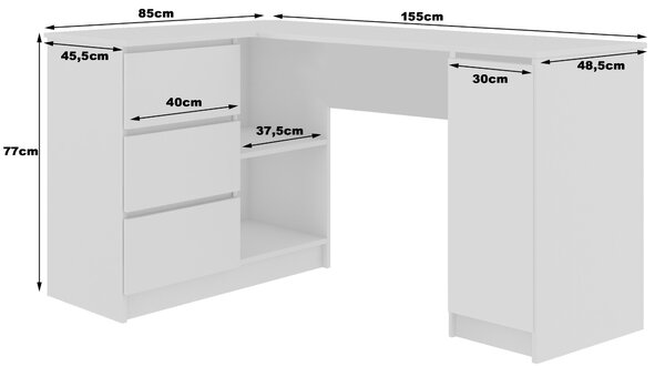Ak furniture Rohový psací stůl B20 155 cm bílý/černý lesk pravý