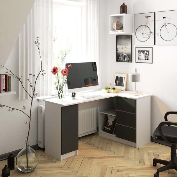 Ak furniture Rohový psací stůl B20 155 cm bílý/šedý pravý