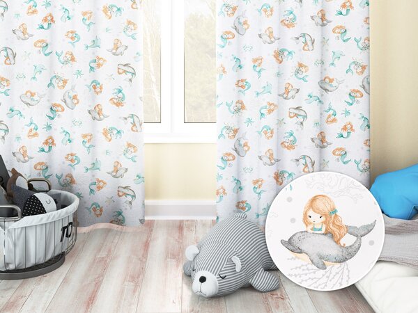 Biante Dětský bavlněný závěs Sandra SA-691 Modrozelené mořské panny s delfíny a velrybami na bílém 150x170 cm