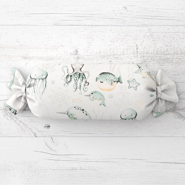 Biante Dětský polštář válec bonbon Sandra SA-688 Mořský svět zelený na bílém 15x40 cm