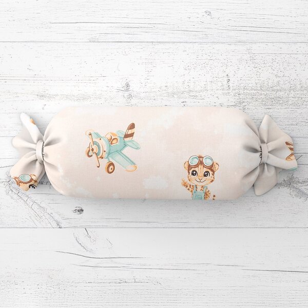 Biante Dětský polštář válec bonbon Sandra SA-686 Lvíčata s letadýlky na světle béžovém 15x40 cm