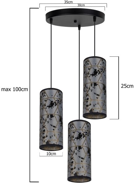 Lustr na lanku AVALO 3xE27/60W/230V pr. 35 cm šedá/černá