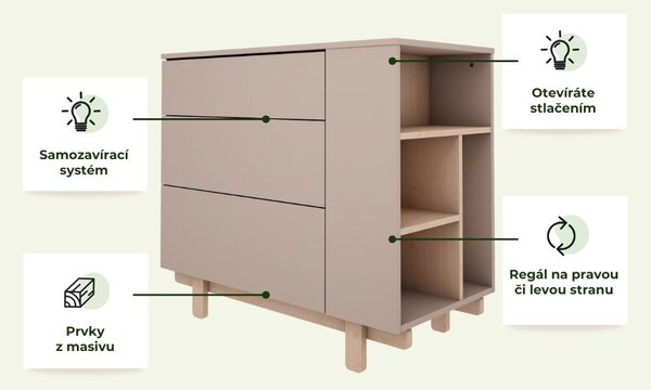 Dětská komoda se třemi šuplíky a otevřeným regálem BASIC mocca