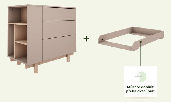 Dětská komoda se třemi šuplíky a otevřeným regálem BASIC mocca