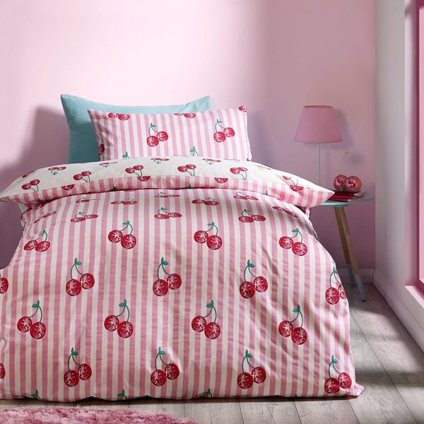 Bílé/růžové povlečení na jednolůžko 135x200 cm Disco Cherries Stripes – Catherine Lansfield