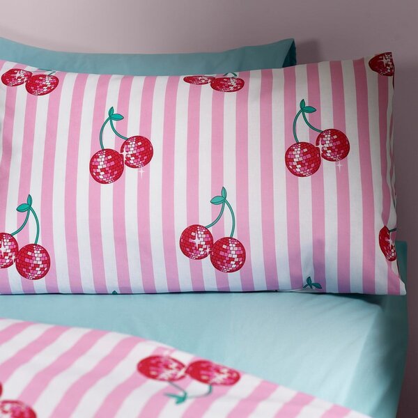 Bílé/růžové povlečení na jednolůžko 135x200 cm Disco Cherries Stripes – Catherine Lansfield