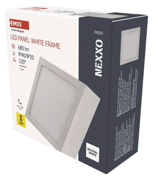 EMOS ZM6125 NEXXO - Přisazený stropní LED panel v bílé barvě, 7,6W, 680lm, 4000K, IP40/IP20, 12 x 12cm (Stropní čtvercové svítidlo v bílé barvě)