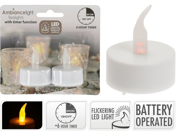 LED blikající čajové svíčky, 3,8 cm, sada 2 ks, na baterie, časovač