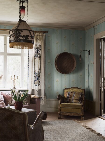 Vliesová tapeta na zeď, tyrkysová, secesní vzor, 4170, Alla Tiders Hus, Borastapeter