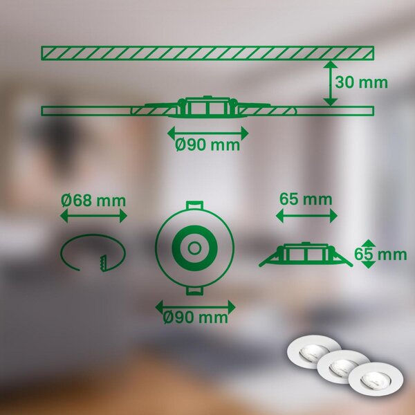 BRILONER 3ks sada LED vestavné bodové svítidlo EEK A 90mm, nastavitelné, ploché, 2W, 4000K, bílé 7989036