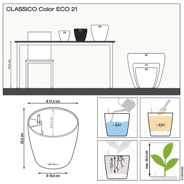 Samozavlažovací květináč Classico Color ECO, průměr 21 cm, tmavě šedá