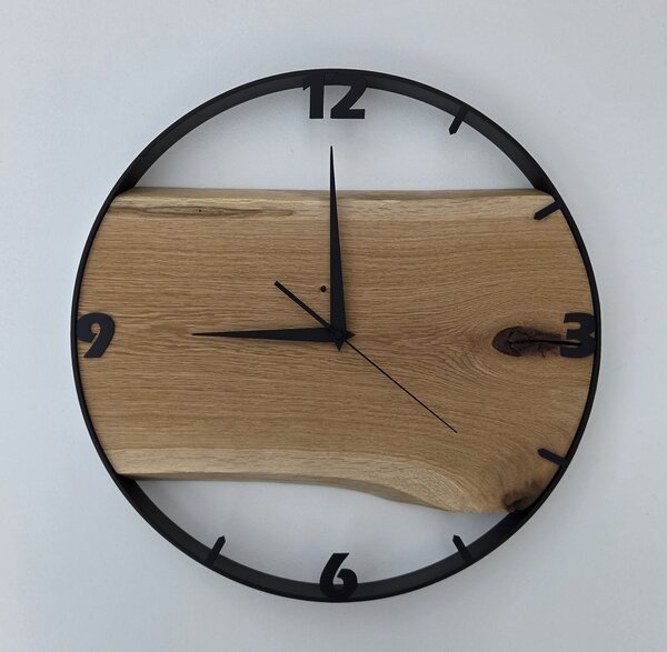 Dřevěné hodiny -45cm, přírodní dřevo - dub, černý kovový rám 45B19