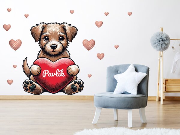 Pejsek se srdíčkem a jménem textilní přelepitelné samolepky na zeď arch 40 x 46 cm