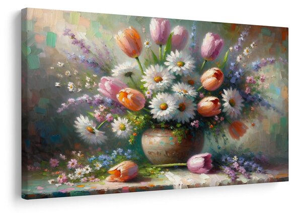 Obraz kytice tulipánů a kopretin