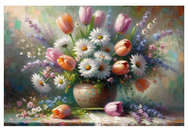 Obraz kytice tulipánů a kopretin