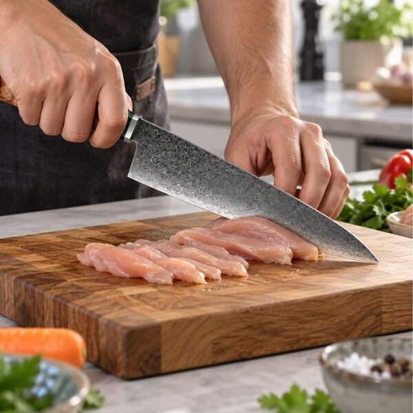 Japonský šéfkuchařský nůž z damaškové oceli SaKuRo Red 23 cm