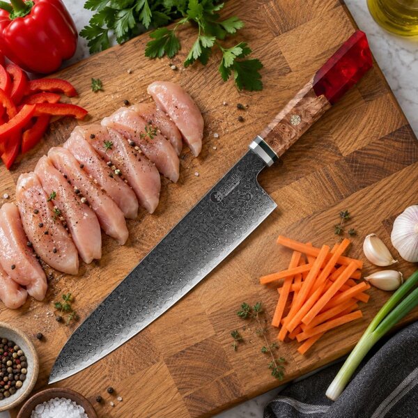 Japonský šéfkuchařský nůž z damaškové oceli SaKuRo Red 23 cm