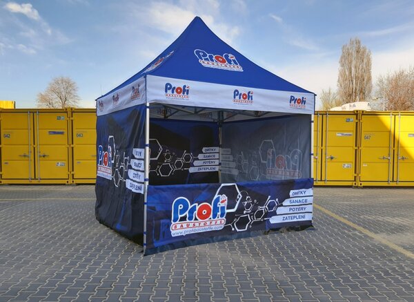 TENTino SET - Nůžkový párty stan 3x3 m EXTRA HIGH ROOF s jednostranným potiskem Typ konstrukce: BIG HEXAGON S VYŠŠÍ ŠPICÍ, Rozsah potisku: pouze střecha, Plachtovina - gramáž: polyester 230 g/m2