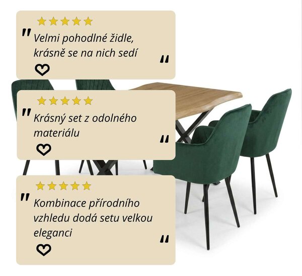 Vikio Jídelní set pro 4 osoby 160x90 cm soft dub noha X zelená židle s područkami VJS226-4Z