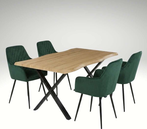 Vikio Jídelní set pro 4 osoby 160x90 cm soft dub noha X zelená židle s područkami VJS226-4Z