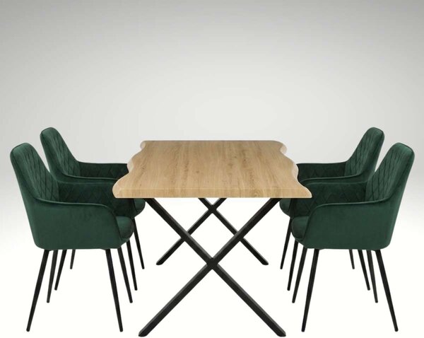 Vikio Jídelní set pro 4 osoby 160x90 cm soft dub noha X zelená židle s područkami VJS226-4Z