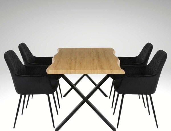 Vikio Jídelní set pro 4 osoby 160x90 cm soft dub noha X černá židle s područkami VJS226-4C