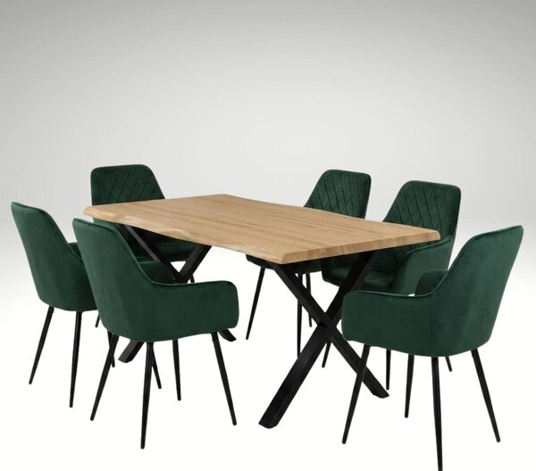 Vikio Jídelní set pro 6 osob 160x90 cm soft dub noha X zelená židle s područkami VJS226-6Z