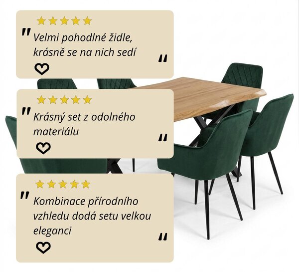 Vikio Jídelní set pro 6 osob 160x90 cm soft dub noha X zelená židle s područkami VJS226-6Z