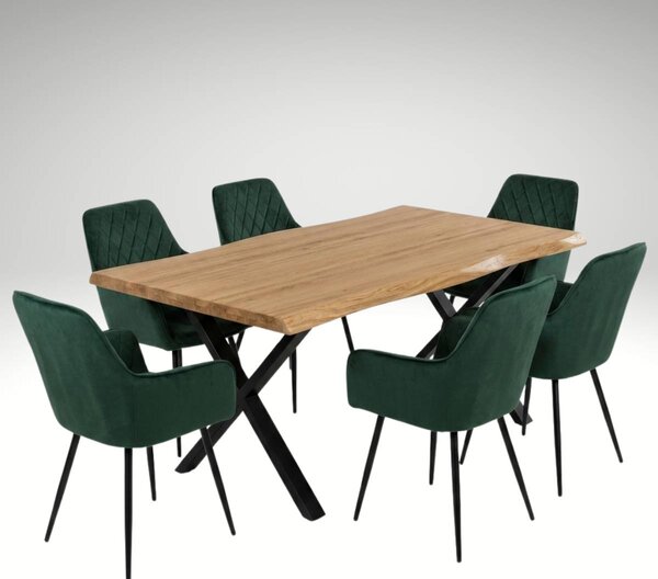 Vikio Jídelní set pro 6 osob 160x90 cm soft dub noha X zelená židle s područkami VJS226-6Z