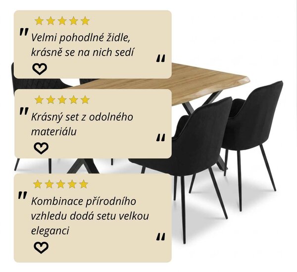 Vikio Jídelní set pro 4 osoby 160x90 cm soft dub noha X černá židle s područkami VJS226-4C
