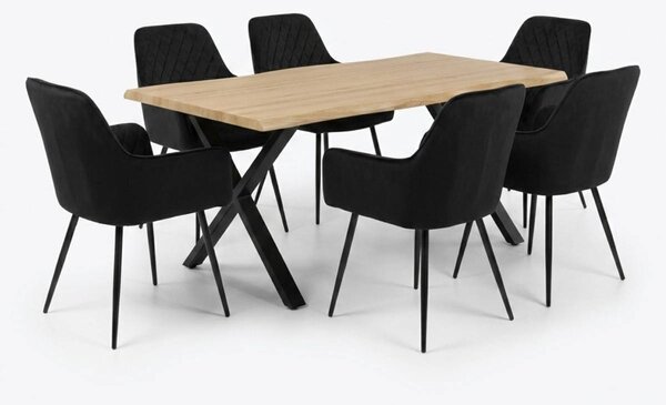 Vikio Jídelní set pro 6 osob 160x90 cm soft dub noha X černá židle s područkami VJS226-6C