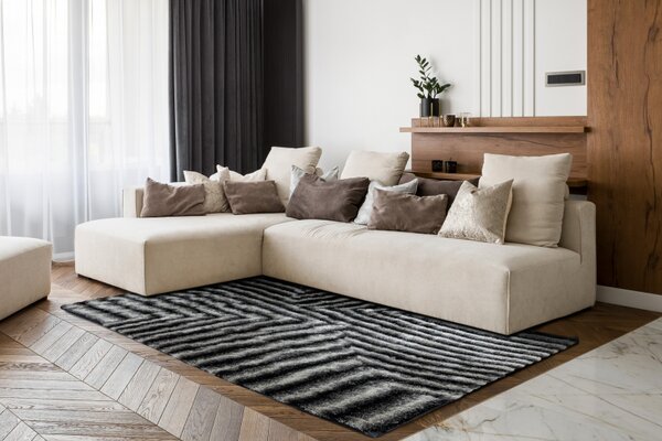 Makro Abra Kusový shaggy koberec FLIM 010-B3 Geometrický vzor černý šedý Rozměr: 80x150 cm