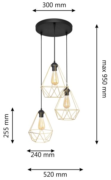 Lustr na lanku KARO 3xE27/15W/230V zlatá/černá
