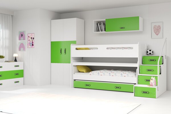Dětská patrová postel Romana 1 - 3 osoby – bílá - zelená, 80x200 s přistýlkou