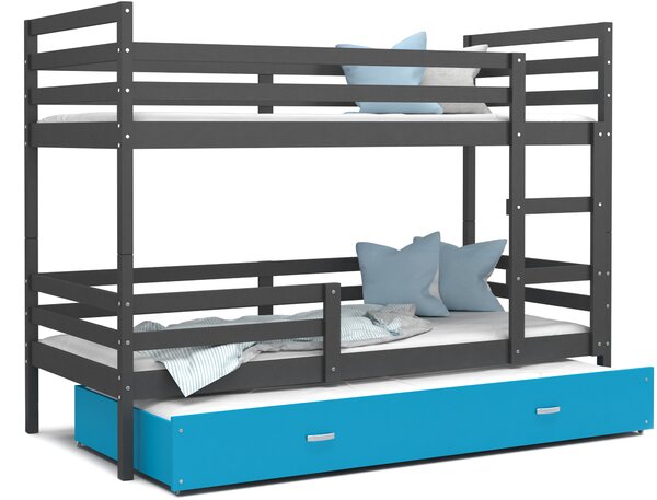 BabyBeds Dětská patrová postel s přistýlkou HONZA šedá Velikost postele: 190x80 cm, Barva šuplíku: Modrá