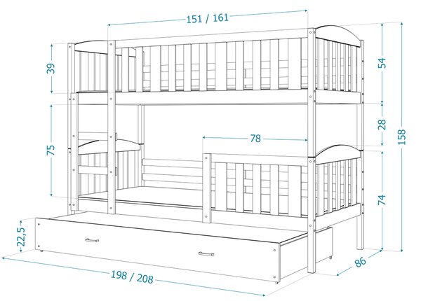 BabyBeds Dětská patrová postel s přistýlkou KUBA borovice Velikost postele: 190x80 cm