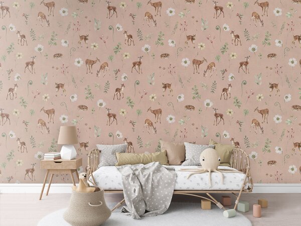 Tapeta srnky - Dancing Deer Pink Materiál: Digitální eko vlies - klasická tapeta nesamolepicí