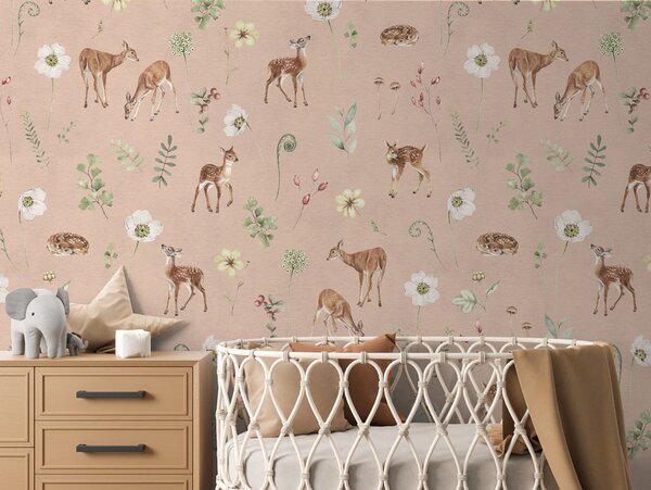 Tapeta srnky - Dancing Deer Pink Materiál: Digitální eko vlies - klasická tapeta nesamolepicí