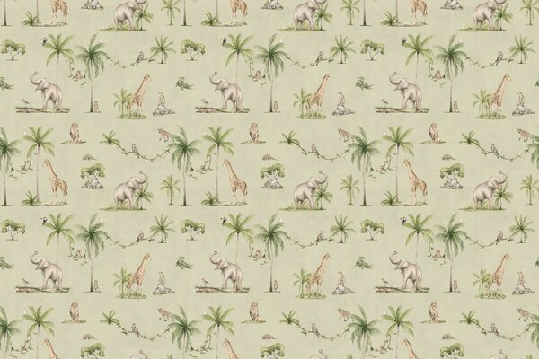 Safari tapeta se zvířaty - Joyful Jungle Green | Fugu Materiál: Digitální eko vlies - klasická tapeta nesamolepicí