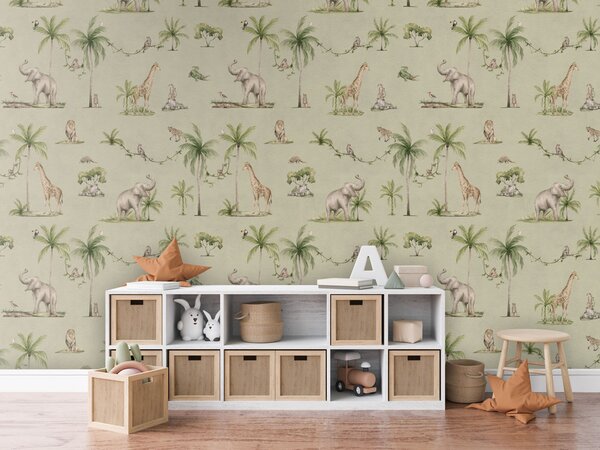 Safari tapeta se zvířaty - Joyful Jungle Green | Fugu Materiál: Digitální eko vlies - klasická tapeta nesamolepicí