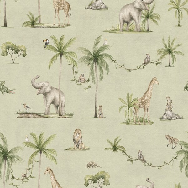 Safari tapeta se zvířaty - Joyful Jungle Green | Fugu Materiál: Digitální eko vlies - klasická tapeta nesamolepicí