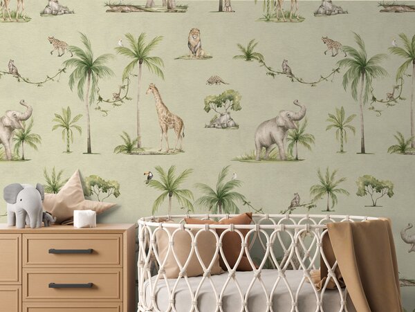 Safari tapeta se zvířaty - Joyful Jungle Green | Fugu Materiál: Digitální eko vlies - klasická tapeta nesamolepicí