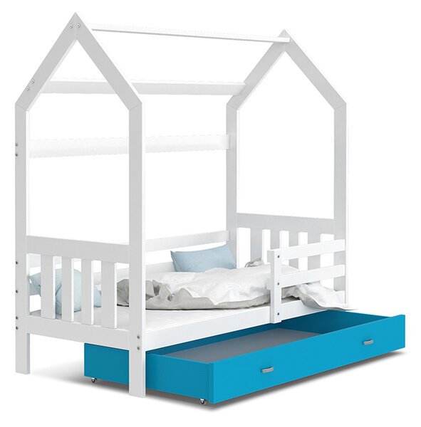 BabyBeds Dětská postel domeček se zábranou a úložným prostorem bílá Velikost postele: 160x80 cm, Barva šuplíku: Modrá