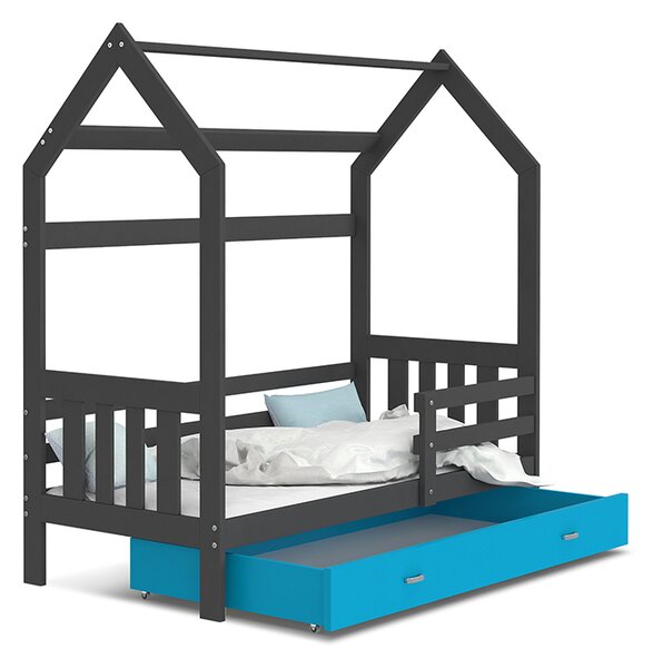 BabyBeds Dětská postel domeček se zábranou a úložným prostorem šedá Velikost postele: 190x80 cm, Barva šuplíku: Modrá