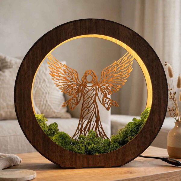 Dřevěná LED lampa Anděl světla s mechem | MICHAEL: HDF - Ořech 20 cm 4778-115060 LED0606