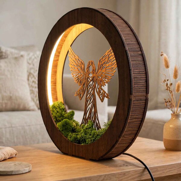 Dřevěná LED lampa Anděl světla s mechem | MICHAEL: HDF - Ořech 20 cm 4778-115060 LED0606