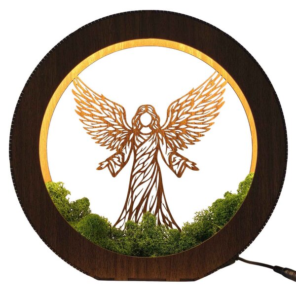 Dřevěná LED lampa Anděl světla s mechem | MICHAEL: HDF - Ořech 20 cm 4778-115060 LED0606